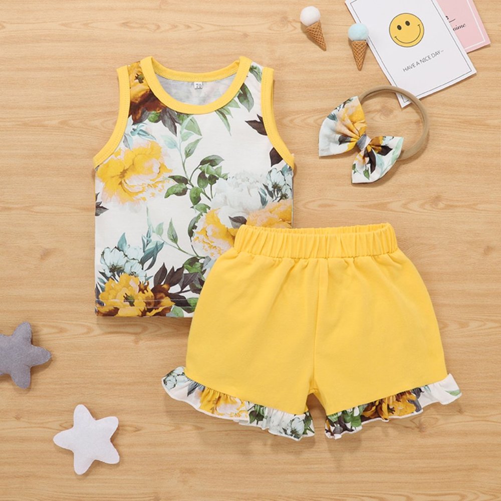 Yellow Floral Tank Top, Ruffle Shorts & Headband 3pcs Baby Outfit